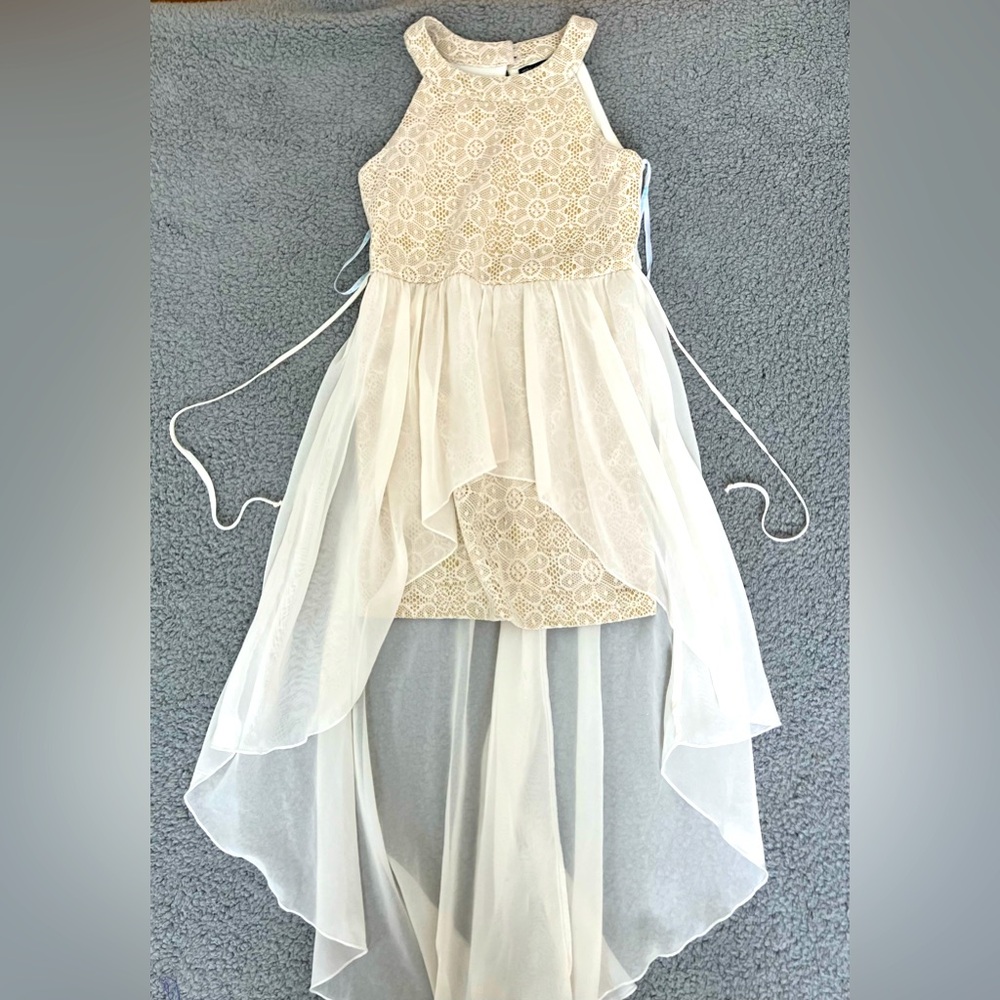 Sequin Hearts Girls Sparkly Gold & Cream Satin Color High Low Dress Size 14